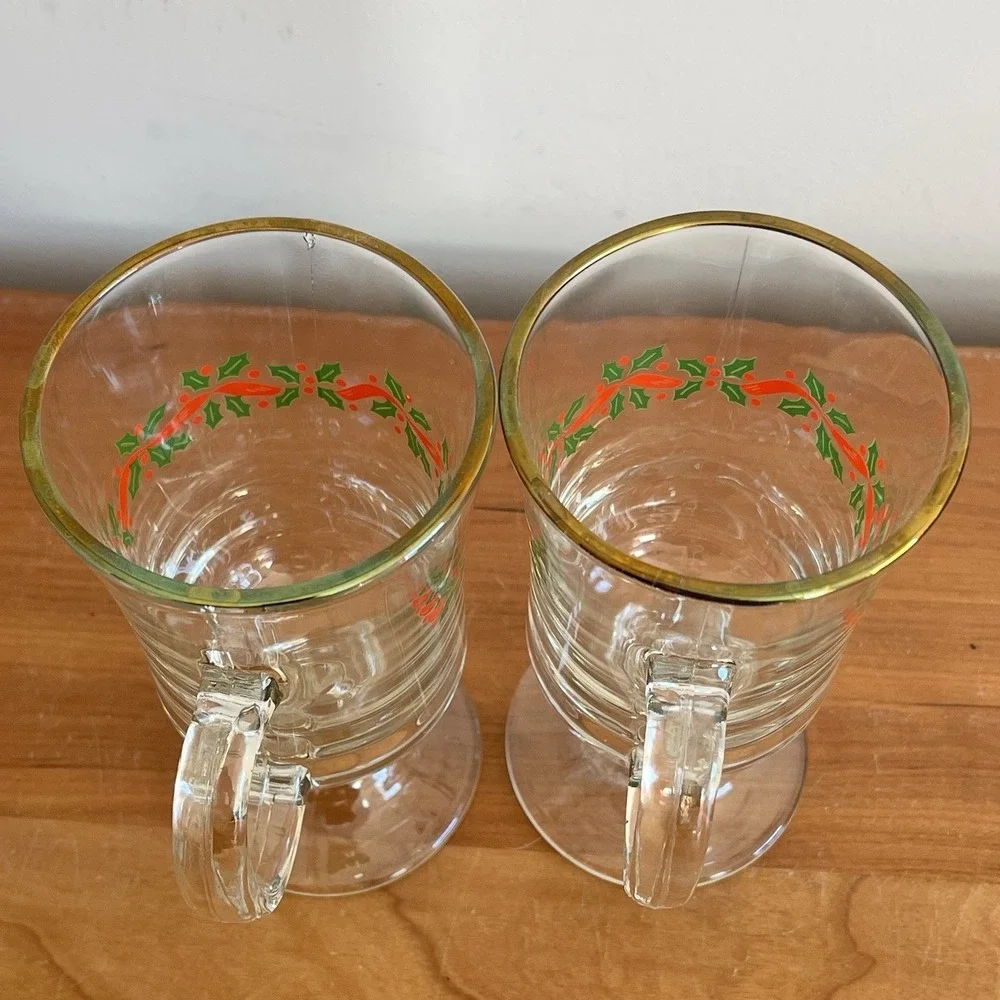 Set Of 2 Vintage Libbey Irish Coffee Mugs Christmas Holly Berry Ribbon Gold Band